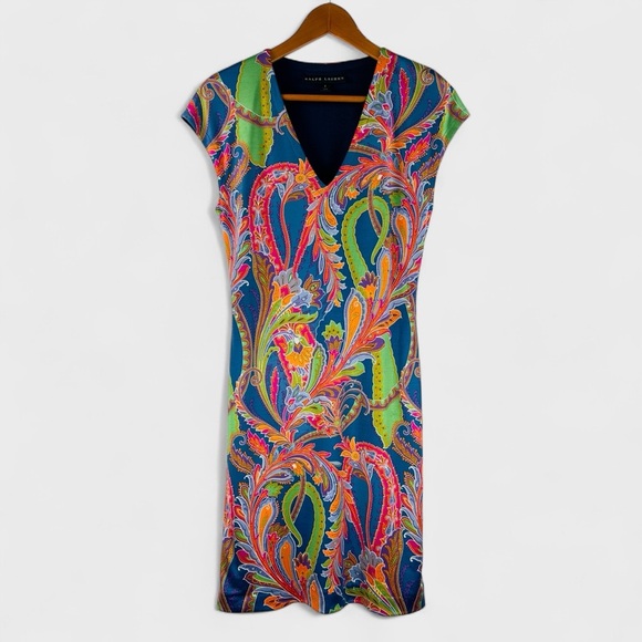 Ralph Lauren Black Label Size 2 Multicolor Paisley 100% Silk Jersey Sheath Dress - Picture 2 of 13